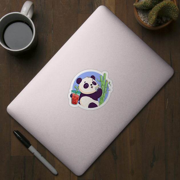 The cute panda enjoys bubble tea and a donut among bamboo trees by Verbinavision